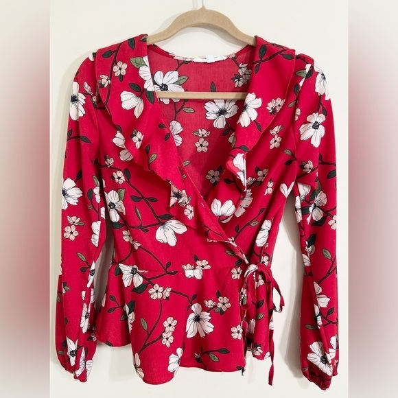 LYDELLE Floral Ruffle Wrap Top Dogwood Blossoms Office Contemporary Size Medium - Picture 2 of 12